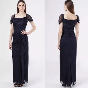 Tadashi Shoji NWOT Size 6 Navy Blue Ruched silk Beaded Maxi Gown‎